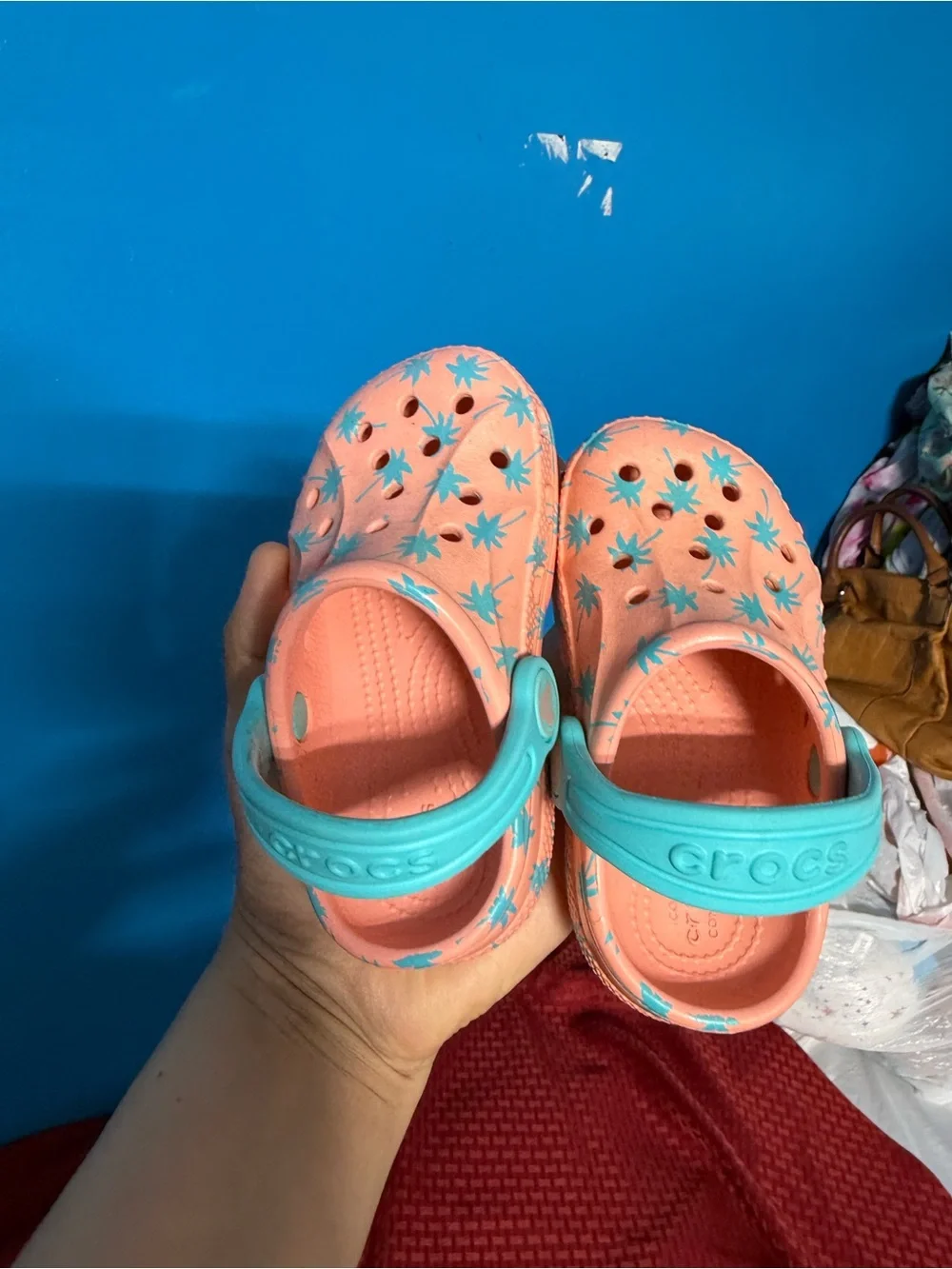 Baby girl  Coral Pink Palm-Print Clog with Teal Strap Sz 6